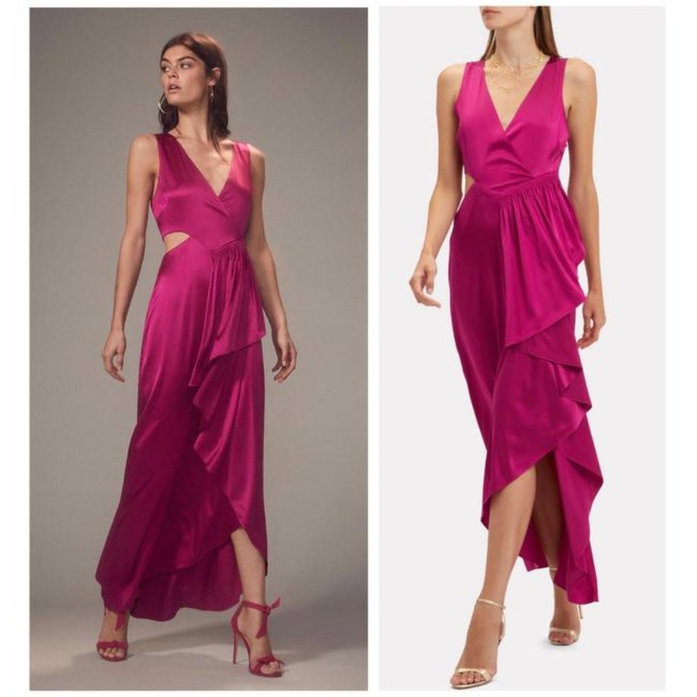 A.L.C. Cantor Pink Magenta Silk Cut Out Side Ruffle Midi Dress Size